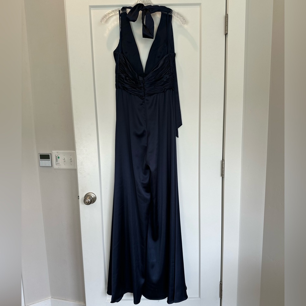 Ieena for Mac Duggal Navy Ruched Halter Top Wide Leg Satin Jumpsuit NWT, Sz 4 - Picture 3 of 9